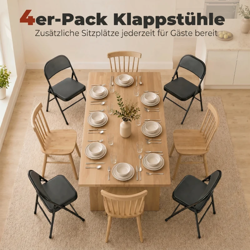 HOMCOM 4-delige set klapstoelen, draagbare bureaustoelen, metalen poten, vouwstoel voor kantoor, receptie, wachtruimte, kunstleer, zwart(m-4)