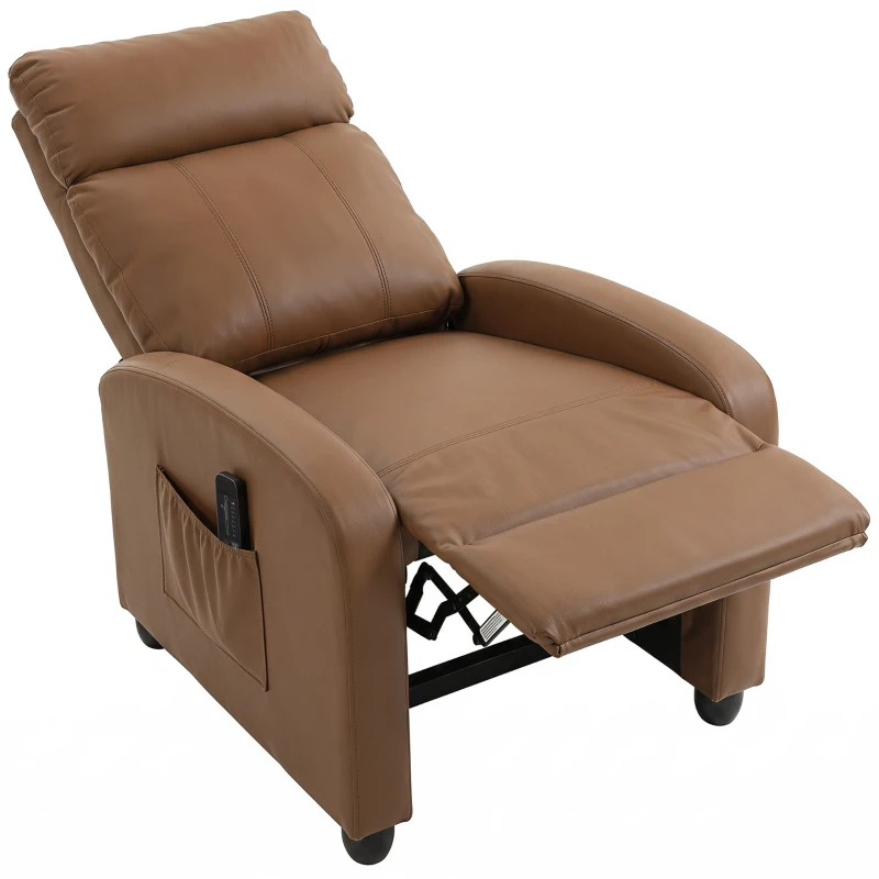 HOMCOM Recliner Armchair, Massage Faux Leather Push Back Reclining Chair with Adjustable Leg Rest, Side Pocket, Dark Brown