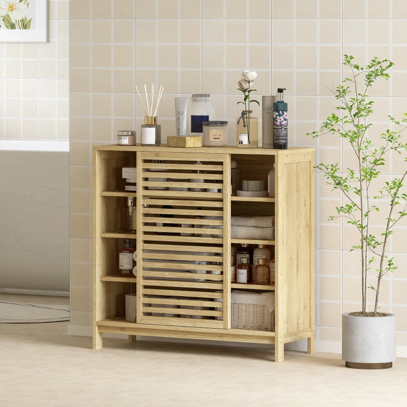 HOMCOM Armario de Baño de Bambú con 2 Puertas Correderas Diseño de Lamas 4 Estantes Mueble Auxiliar de Baño 80x34x80 cm Natural