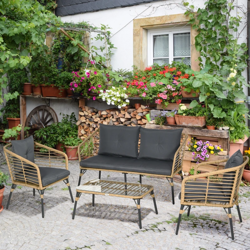 Outsunny Ensemble salon de jardin 4 pièces canapé 2 places 2 fauteuils 1 table basse 7 coussins métal et résine imitation rotin