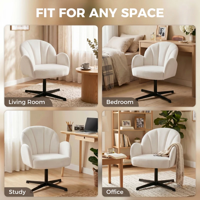 HOMCOM Swivel Accent Chair, Shell-Shaped Armchair with Spring Cushion, Metal Base, Cream White