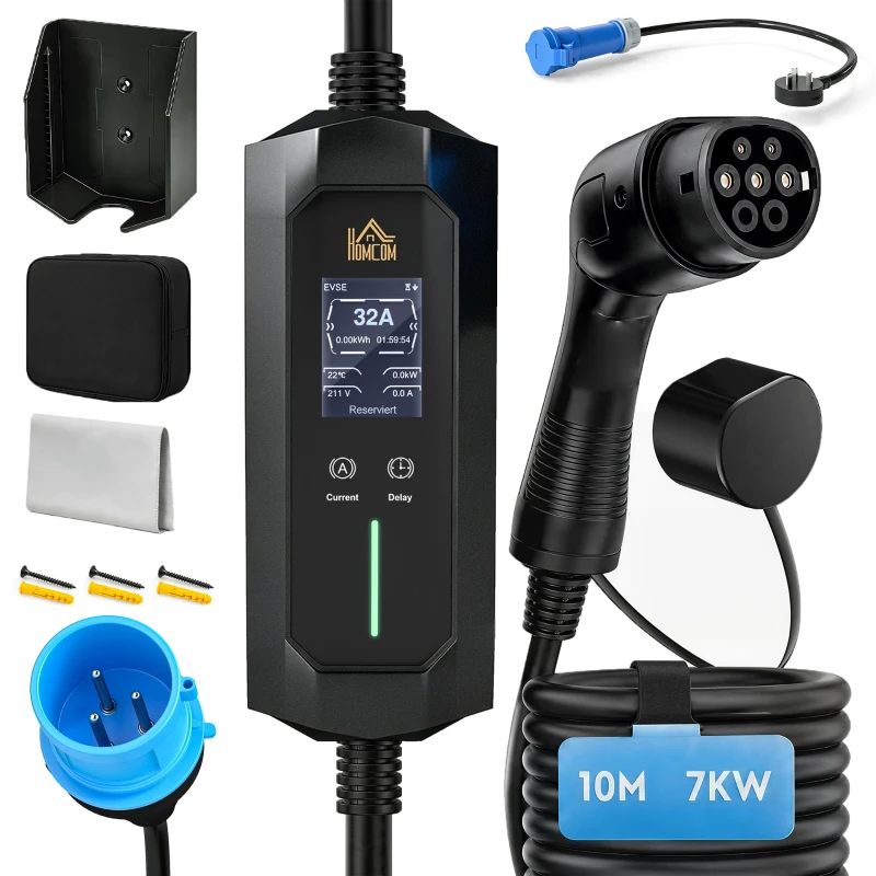 HOMCOM EV Charger 7kW Type 2 to CEE 32A Plug with UK Adapter, 10 m, 6-32A, Electric Car Charger w/ 1-12 h Time Delay