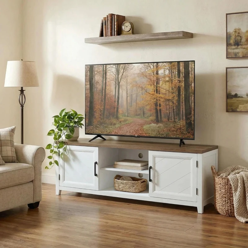 HOMCOM Meuble TV 140 cm, meuble télé pour téléviseur jusqu'à 65 pouces avec 2 portes, 2 compartiments ouverts, blanc et marron