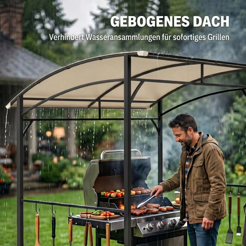 Outsunny Grillpavillon, Grillüberdachung, Regenschutz, Haken für Utensilien, Stahlrahmen, Beige+Schwarz, 215 x 150 x 182/220 cm
