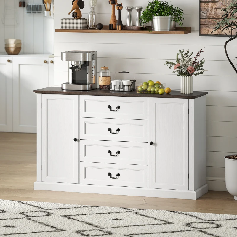 HOMCOM Credență de Bucătărie, Mobilier de Bucătărie cu 4 Sertare Soft Close, Blat Gros, Bufet cu Rafturi Reglabile, Stil Rustic, pentru Sufragerie, Sala de Mese, 147x40x87 cm, Alb