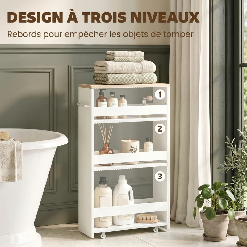kleankin Chariot de rangement à 3 niveaux chariot de stockage étagère sur roulettes pour cuisine étroite salle de bain buanderie bureau avec poignée - 48 x 15 x 80 cm blanc