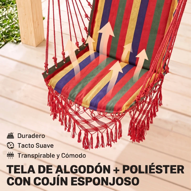 Outsunny Silla Hamaca Colgante Tejido de Algodón Poliéster Carga 100 kg Sillón Colgante para Interior Exterior Terraza 100x60x100 cm Multicolor