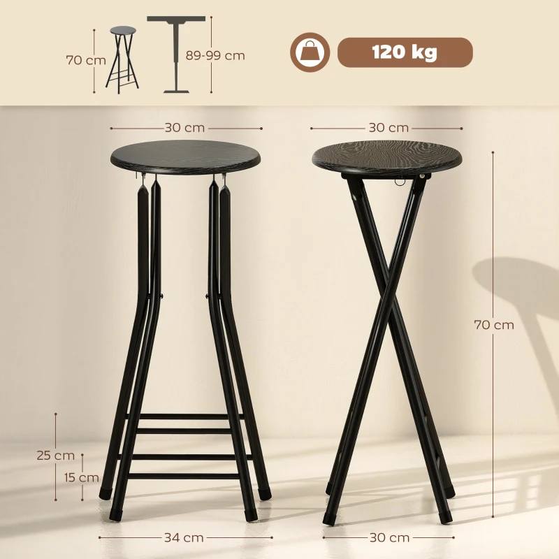 HOMCOM Set 4 Sgabelli Bar Pieghevoli con Doppio Poggiapiedi, in Legno e Acciaio, 34x30x70 cm, Nero