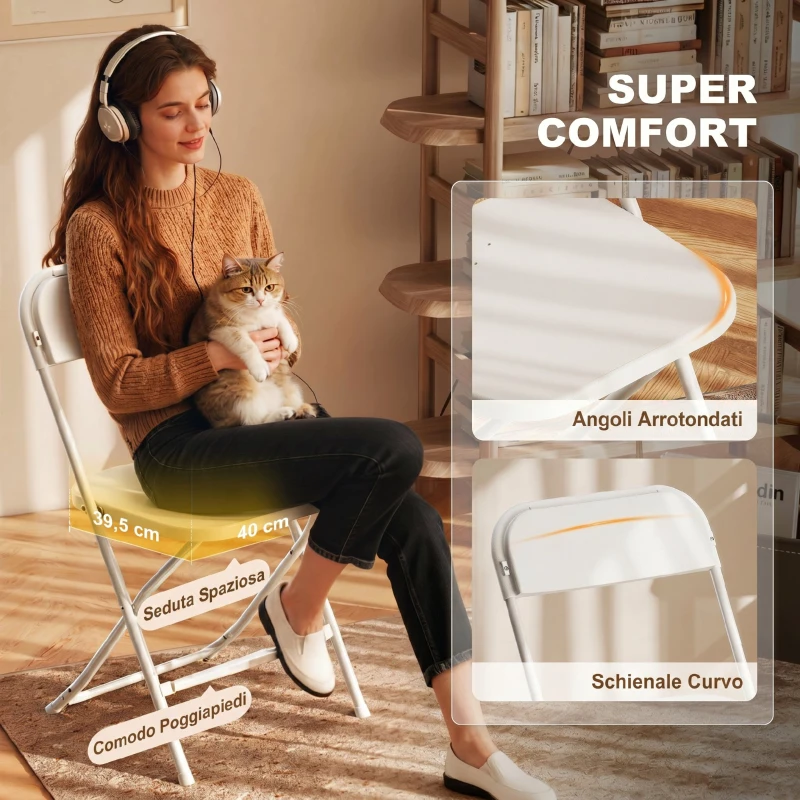 HOMCOM Set 6 Sedie Pieghevoli con Fori di Drenaggio in Plastica e Metallo, 45x49x79.5 cm, Bianco