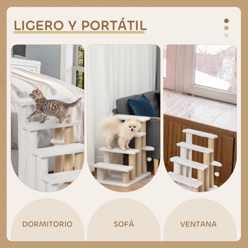 PawHut Escalera para Gatos de 4 Niveles Cubierto de Suave Felpa Poste de Yute Bola Colgante 60x40x64 cm Blanco