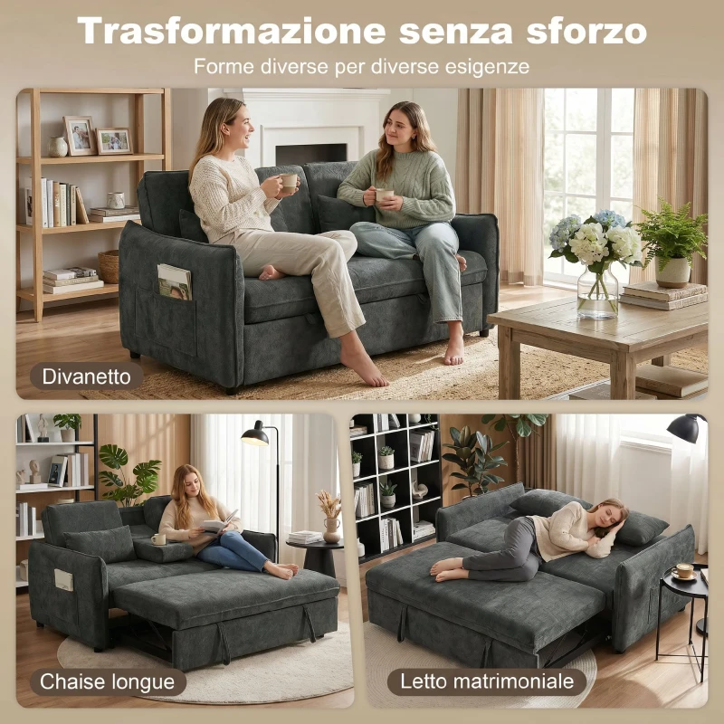 HOMCOM 3 in 1 Divano Letto 2 Posti con Schienale Regolabile in 3 Posizioni con 2 Cuscini, in Ciniglia, Grigio Scuro