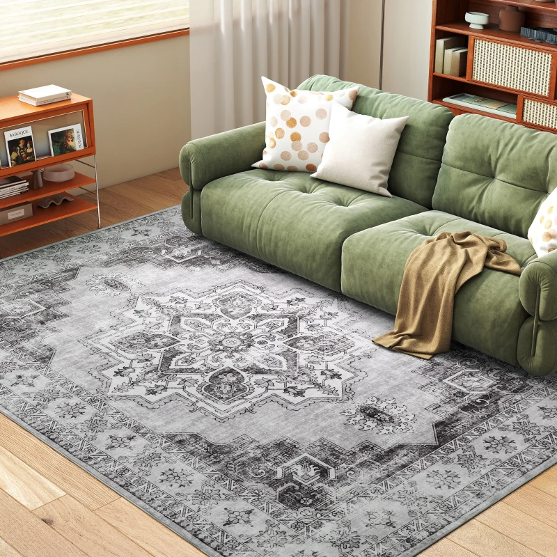HOMCOM Vintage Area Rug, Non-Slip Washable Rug, Flannel Floor Carpet for Living Room, Bedroom, Dining Room, Home Office, 290 x 200 cm, Grey