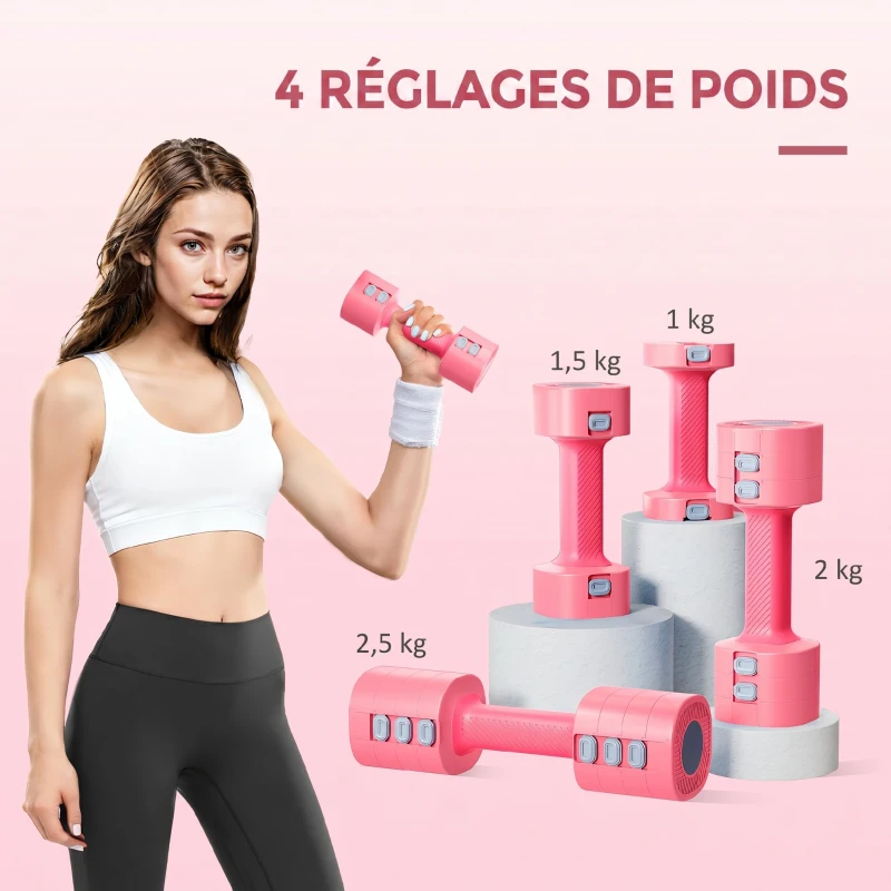 SPORTNOW Ensemble d'Haltères Réglables 5 kg 4 en 1, Paires d'Haltères 1kg/1,5kg/2kg/2,5kg avec Poignée Antidérapante, Rose Cerise