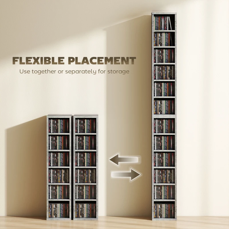 HOMCOM Set of 2 CD Media Display Shelf Unit Tower Rack with Adjustable Shelves, Cement Grey