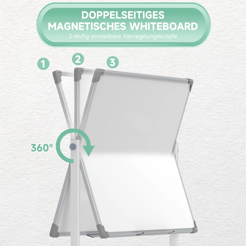HOMCOM Dubbelzijdig Magnetisch Whiteboard met Standaard 120 x 90 cm – Droog uitwisbare Magnetische Bord met Pennenbakje en Aluminium Frame, Draaibaar en Verrijdbaar voor Kantoor en Thuis