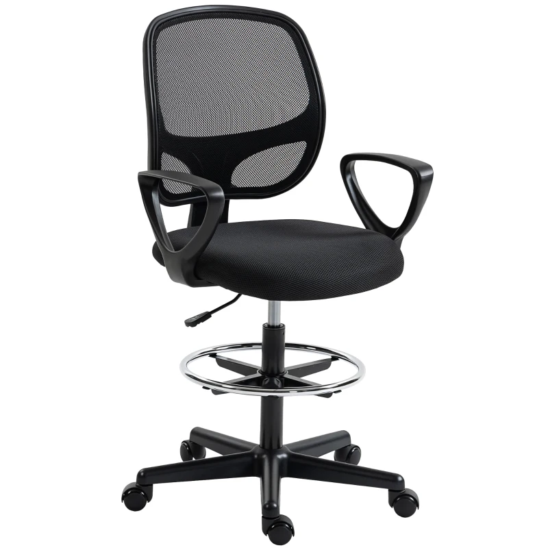 HOMCOM Chaise bureau ergonomique, fauteuil de bureau avec repose-pieds et accoudoirs, hauteur réglable, 59x58x103-123cm, noir