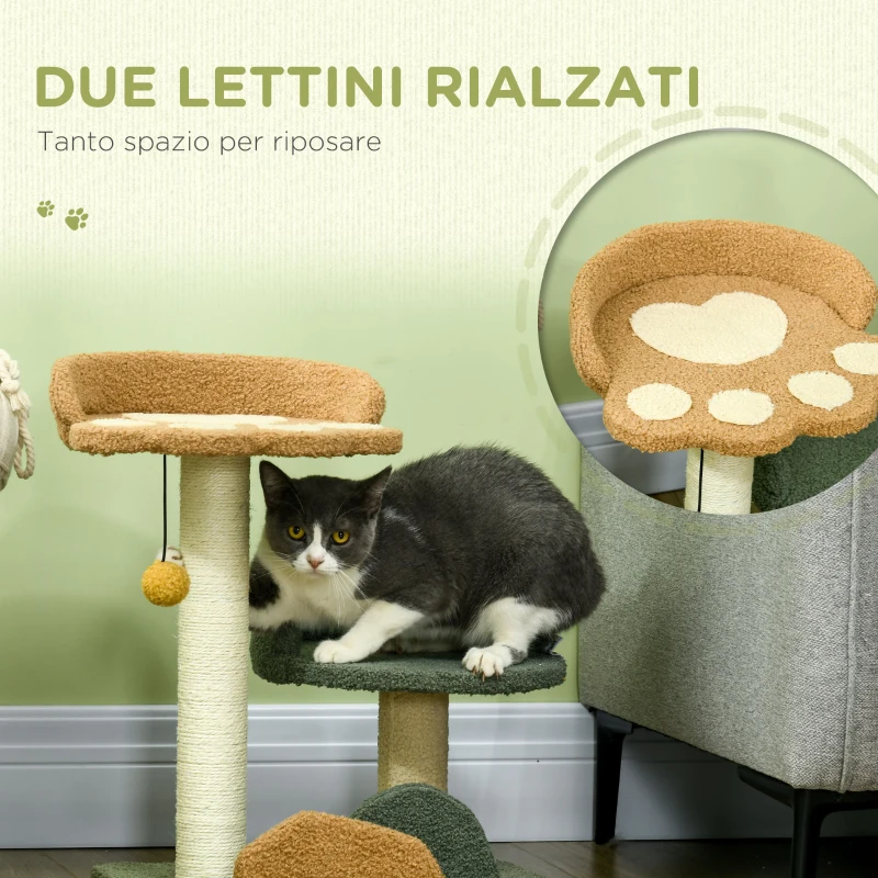 PawHut Albero Tiragraffi per Gatti con 2 Lettini, Pallina e Rivestimento in Velluto, 43x39x52cm