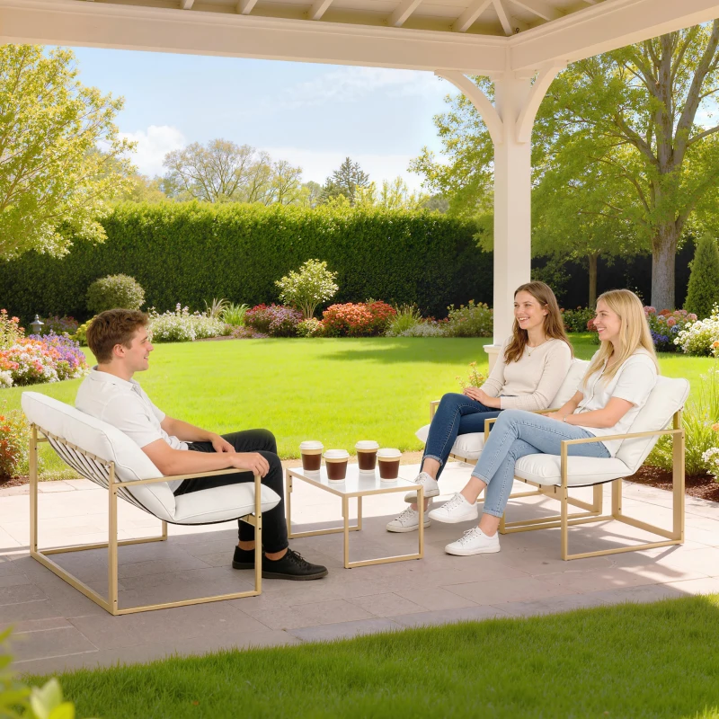 Outsunny Salon de jardin extérieur 4 pièces avec coussins ultra-épais 15cm canapé 2 places avec table basse et 2 fauteuils kaki