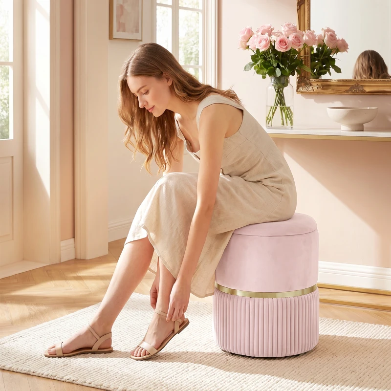 HOMCOM Pouf tabouret repose-pied coffre de rangement en velours côtelé 36 x 36 x 44 cm pour salon chambre rose