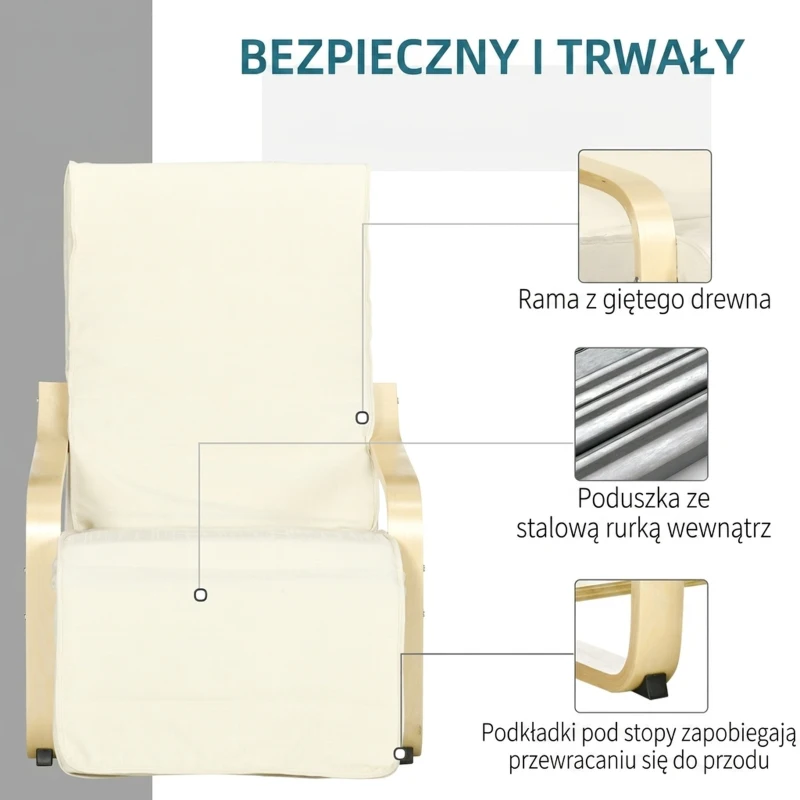 HOMCOM Leżak z Poduszką, Regulowany Podnóżek w 5 Pozycjach, Drewno Brzozowe, do 120 kg, 66,5 x 94 x 100 cm, Kremowy