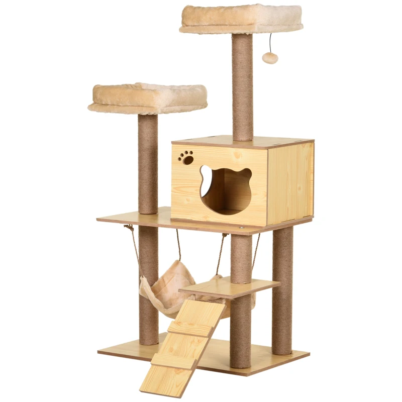 PawHut 130cm Cat Tree for Indoor Cats, Multi-Level Plush Cat Tower, with Five Scratching Posts, Two Perches, Cat House, Hammock