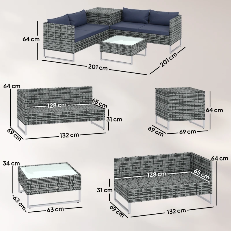Outsunny 4 Piece Rattan Garden Furniture Set, Outdoor Corner Sofa Set with Storage Table, Loveseats, Cushions - Dark Blue