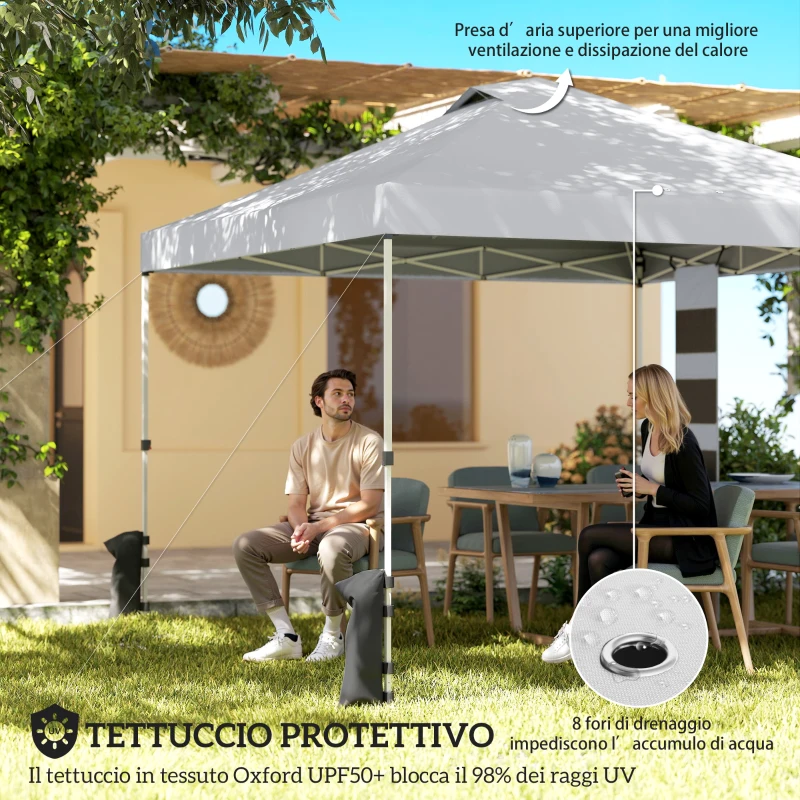 Outsunny Gazebo 3x3 m Pop Up con Tasche Portaoggetti e Sacchi di Sabbia, in Metallo e Tessuto Oxford, Bianco