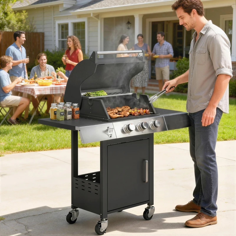 Outsunny Barbacoa de Gas con 3 Quemadores 8,1 kW Termómetro Parrillas Mesas Laterales Armario y Ruedas 109x50x109 cm Negro