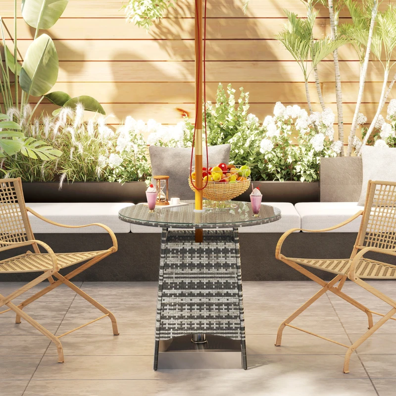 Outsunny Wicker Garden Rattan Table, Patio Furniture Outdoor Coffee Table with Umbrella Hole and Tempered Glass Top, Grey