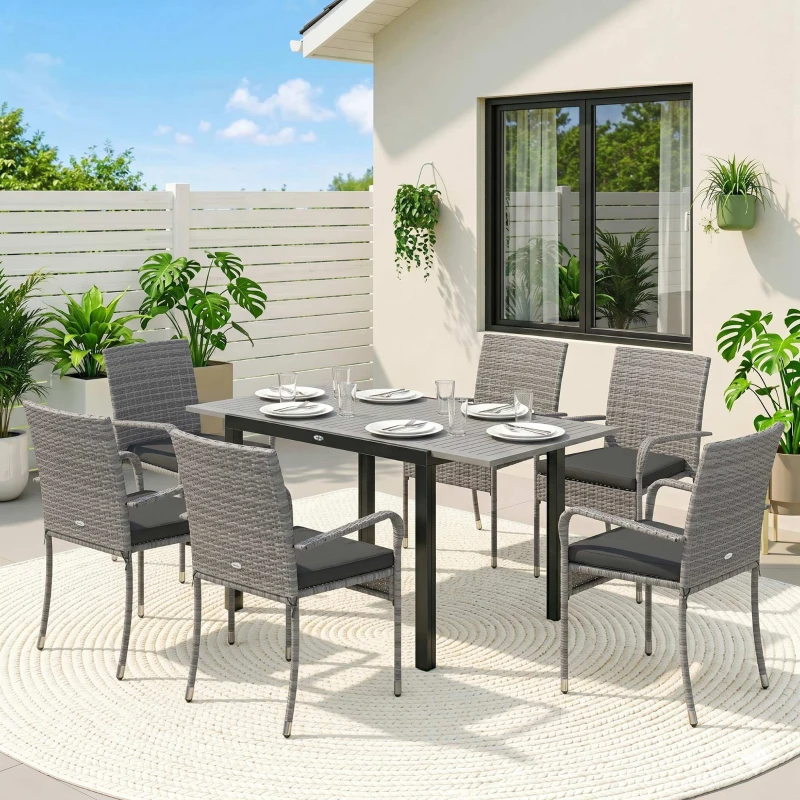 Outsunny 7 Piece Rattan Garden Furniture Set, 6 Seater Garden Table and 6 Stackable Chairs with Extendable Acacia Wood Tabletop