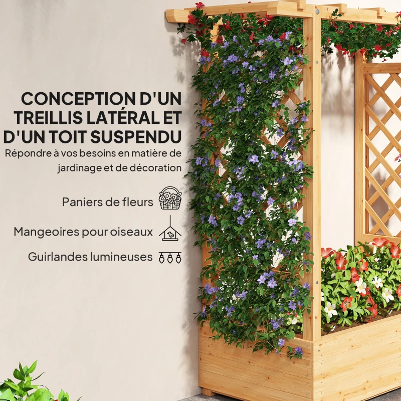 Outsunny Jardinière surélevée avec treillis latéral et supérieur, bac à fleurs trous de drainage, 110x44x113cm, bois naturel