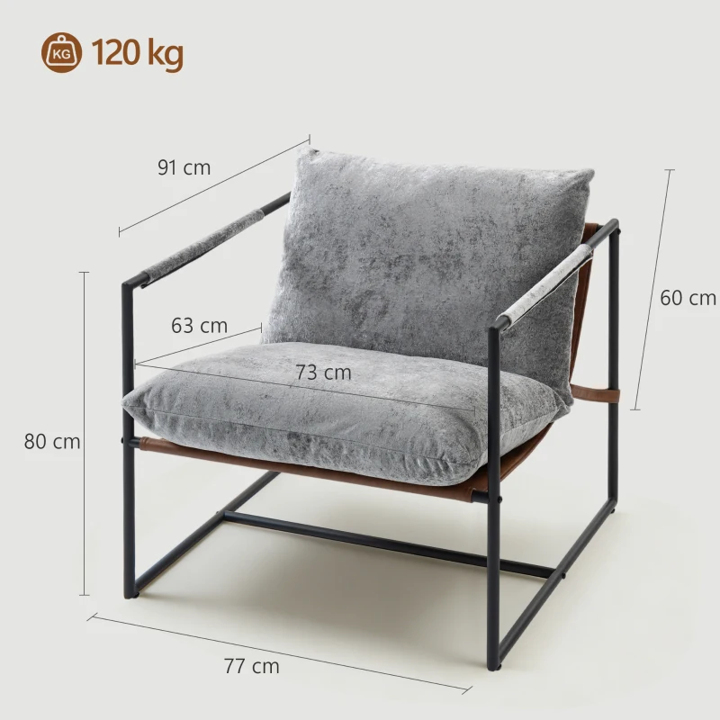HOMCOM Fauteuil salon, fauteuil d'appoint rembourré en velours imprimé, large assise et structure en acier, 77x91x80cm, gris