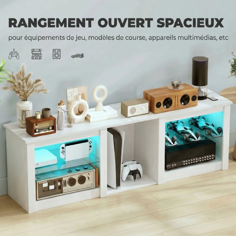 HOMCOM Meuble TV avec éclairage LED pour télévision jusqu'à 70 pouces, 160cm avec étagères en verre réglables, blanc