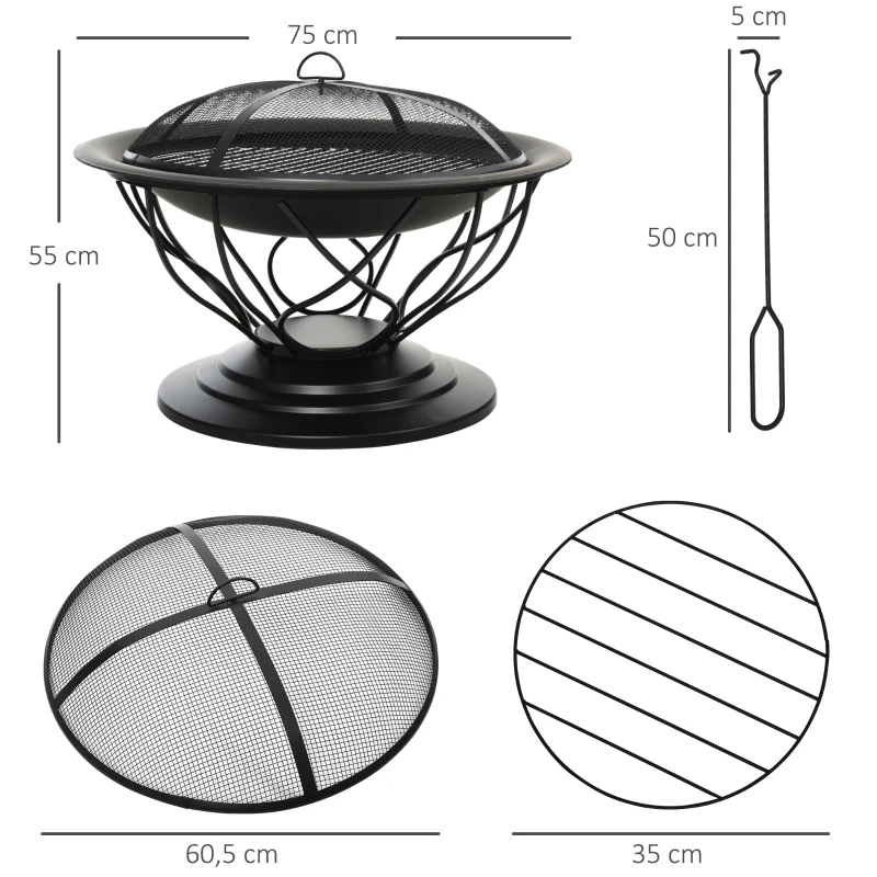Outsunny Brasero cheminée Foyer extérieur Ø 75 x 55H cm Grille à Charbon + Cuisson Couvercle tisonnier métal Noir