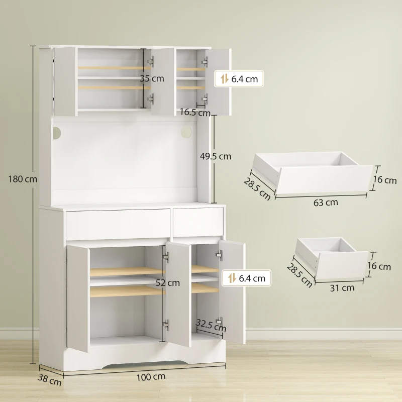 HOMCOM Comodă Modernă de Bucătărie cu 4 Dulapuri, 2 Sertare și Rafturi Reglabile, 100x38x180 cm, Alb