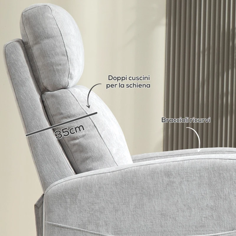 HOMCOM Poltrona Reclinabile 150° max con Poggiapiedi, in Tessuto Effetto Lino, 68x90x106 cm, Grigio Chiaro