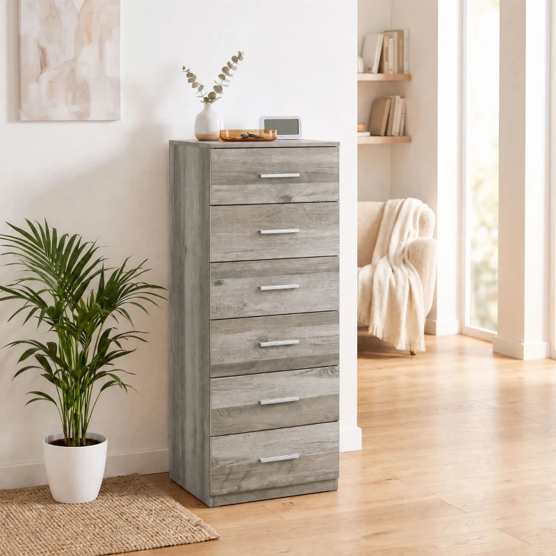 HOMCOM Comodă cu 6 sertare Comodă înaltă pentru dormitor cu sistem anti-răsturnare 40x40x110 cm Gri deschis