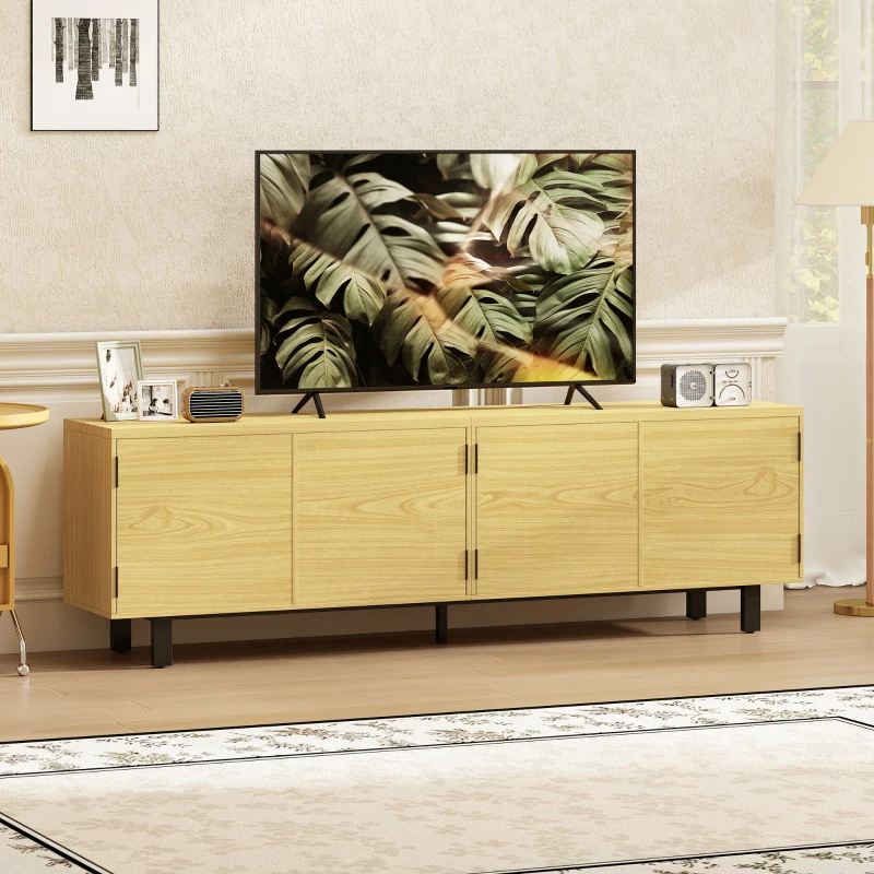 HOMCOM Meuble TV 180 cm, meuble télé pour 82 pouces avec 4 portes à ouverture par pression 180x35x55,5cm bois naturel