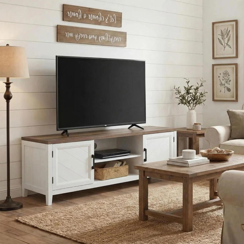 HOMCOM Meuble TV 140 cm, meuble télé pour téléviseur jusqu'à 65 pouces avec 2 portes, 2 compartiments ouverts, blanc et marron