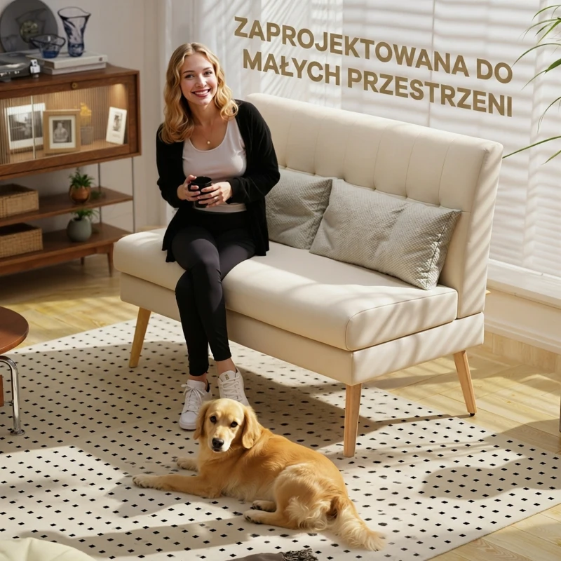 HOMCOM Sofa 2-osobowa, pikowane oparcie, nogi drewniane, grube wypełnienie, efekt lnu, do małych pomieszczeń, beżowy