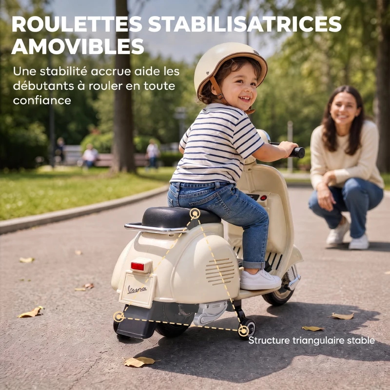 AIYAPLAY Moto Électrique Enfants VESPA sous Licence, Vitesse Max 5 Km/h, Musique & Lumière, 3+ ans, Blanc