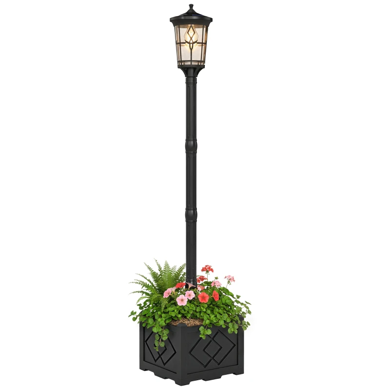 Outsunny Farola Solar Exterior de Jardín con Macetero 2 Modos de Brillo 100/50 lm IP44 Encendido/Apagado Automático Negro