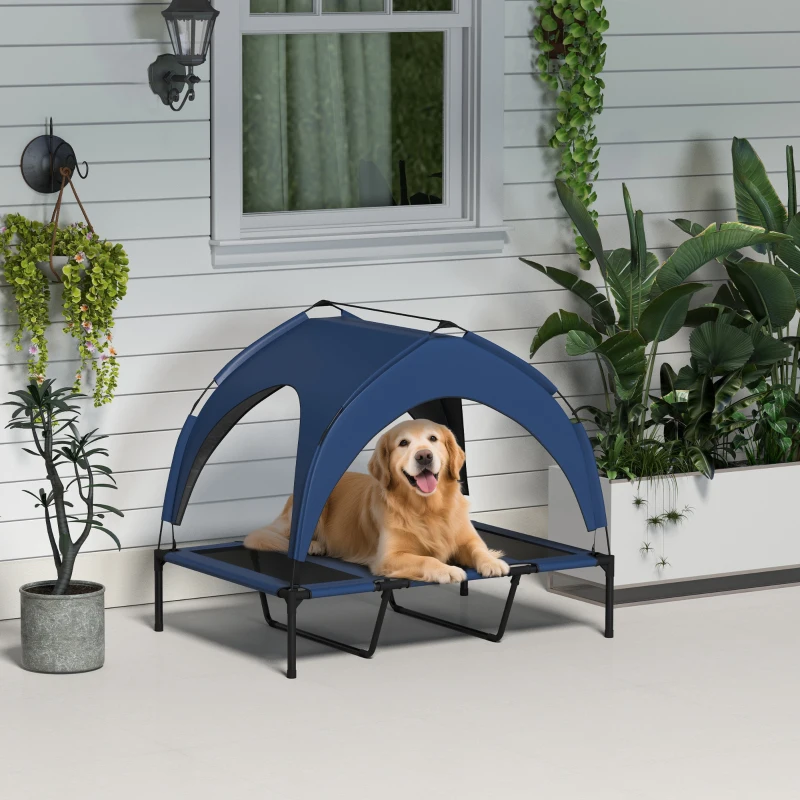 PawHut Lit pour chien chat sur pieds lit chien surélevé velum anti-UV oxford sac de transport 106 x 76 x 94 cm bleu foncé