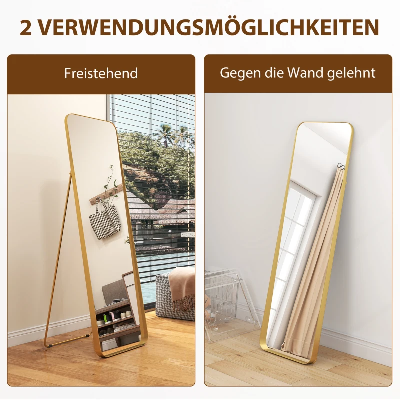 HOMCOM Volledige Lengte Spiegel, Vrijstaand, Kantelbaar, Metalen Frame, MDF, 160 x 50 cm, Goudkleur