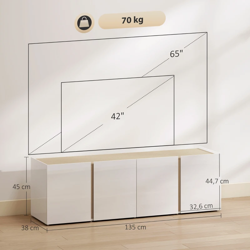 HOMCOM TV-kast voor 65-inch televisie, televisiekast met soft-close deuren, aanpasbare planken, kabeldoorvoeren, voor woonkamer, Wit(m-3)