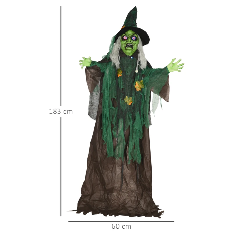 HOMCOM Halloween-heks, Halloween-decoratie, geluidsfunctie, met bewegingssensor en LED-lampjes, 60 cm x 18 cm x 183 cm