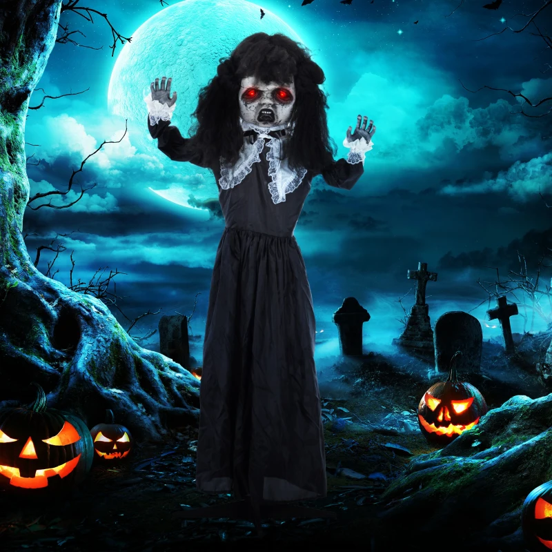 HOMCOM Horrorpop, Halloweenversiering, griezelige stem & muziek, rode ogen, beweeglijk, 160 cm