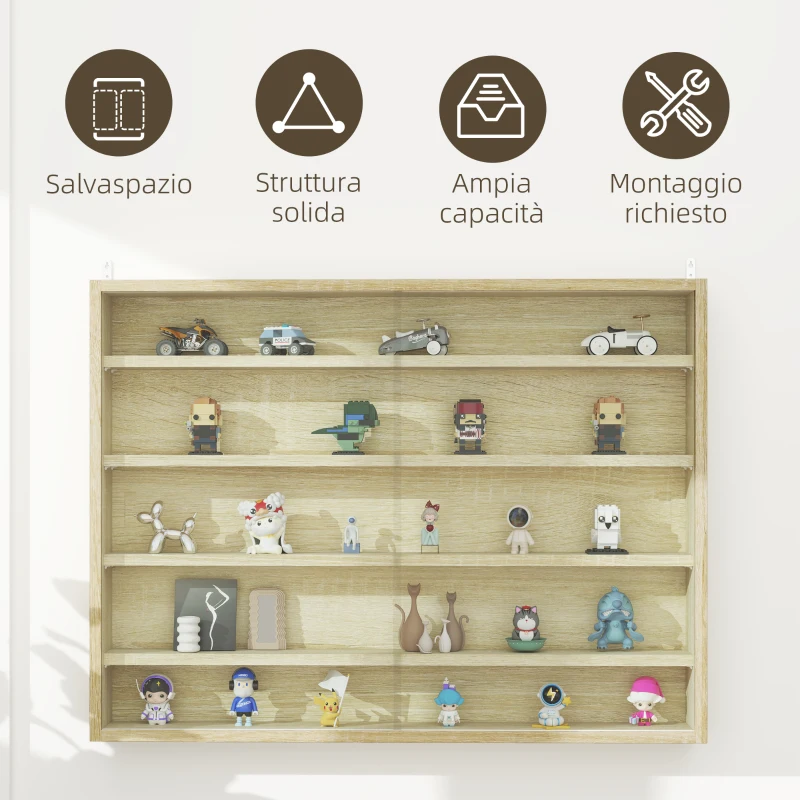 HOMCOM Bacheca Portaoggetti a 5 Ripiani Regolabili in Legno con Ante in Vetro, 80x9.5x60 cm, Color Legno