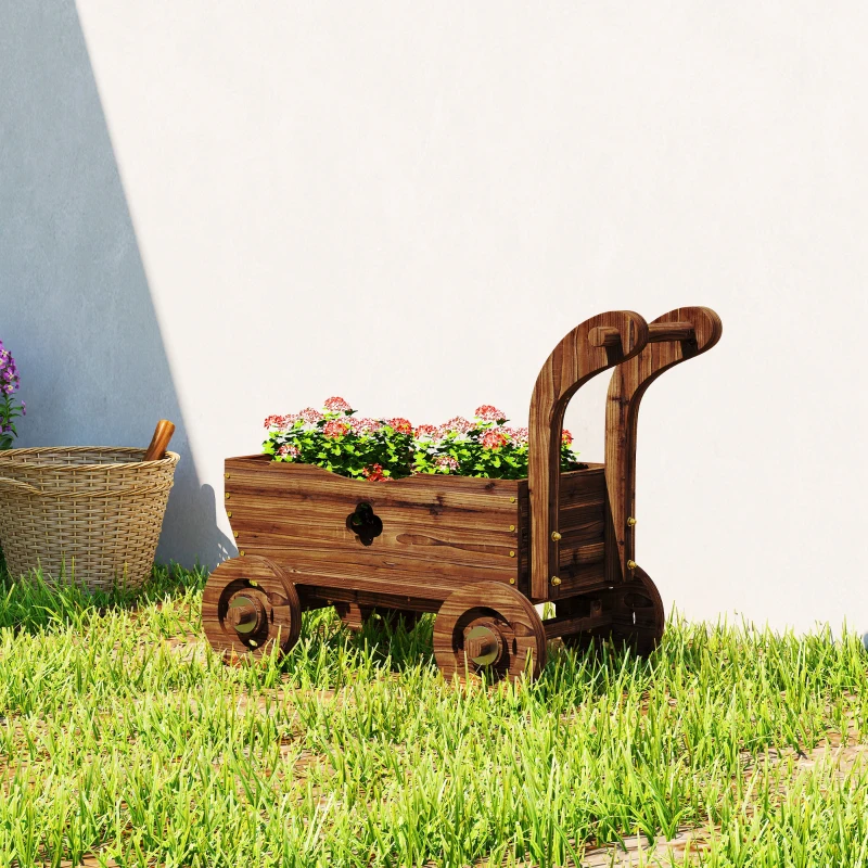 Outsunny Carretilla de Madera Decorativa Jardinera Elevada con 4 Ruedas Asa Orificios de Drenaje 68x38x52 cm Carbonizado