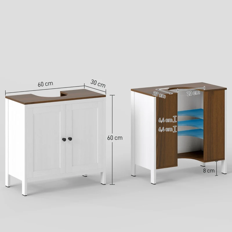 kleankin Mueble para Debajo del Lavabo Armario Bajo con 2 Puertas Enmarcadas y Estante Ajustable 60x30x60 cm Blanco